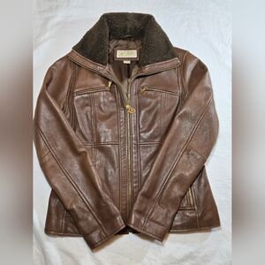 Michael Kors Brown Genuine Leather Jacket L Moto Biker Zip Up Faux Fur Collar
